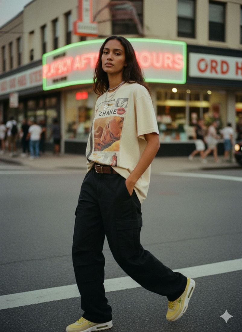 Golden Essence Back w/Lips Front Oversize Snow Washed Heavyweight Loose Fit T-Shirt — PAC lifestyle shoot