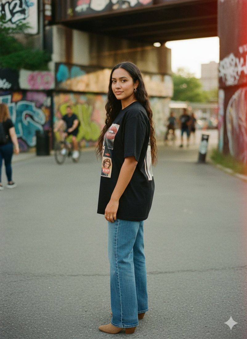 Golden Essence Back w/Lips Front Front Heavyweight Loose Fit T-Shirt — PAC lifestyle shoot