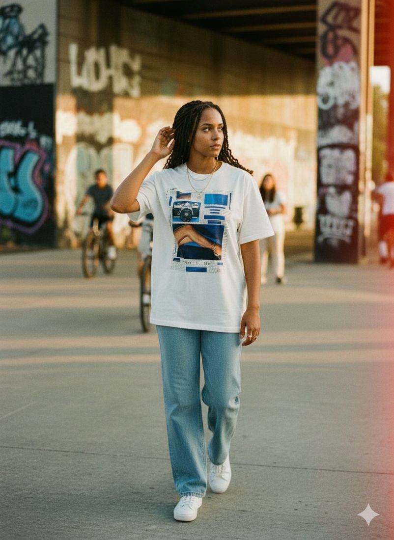 In Blue She's A Mystery Back w/Lips Front Heavyweight Loose Fit — PAC lifestyle shoot