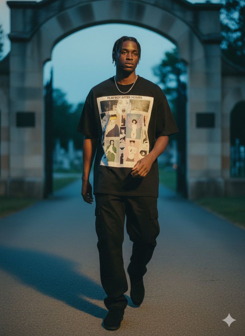 Nocturnel Woes Front Heavyweight Loose Fit T-Shirt — PAC lifestyle shoot