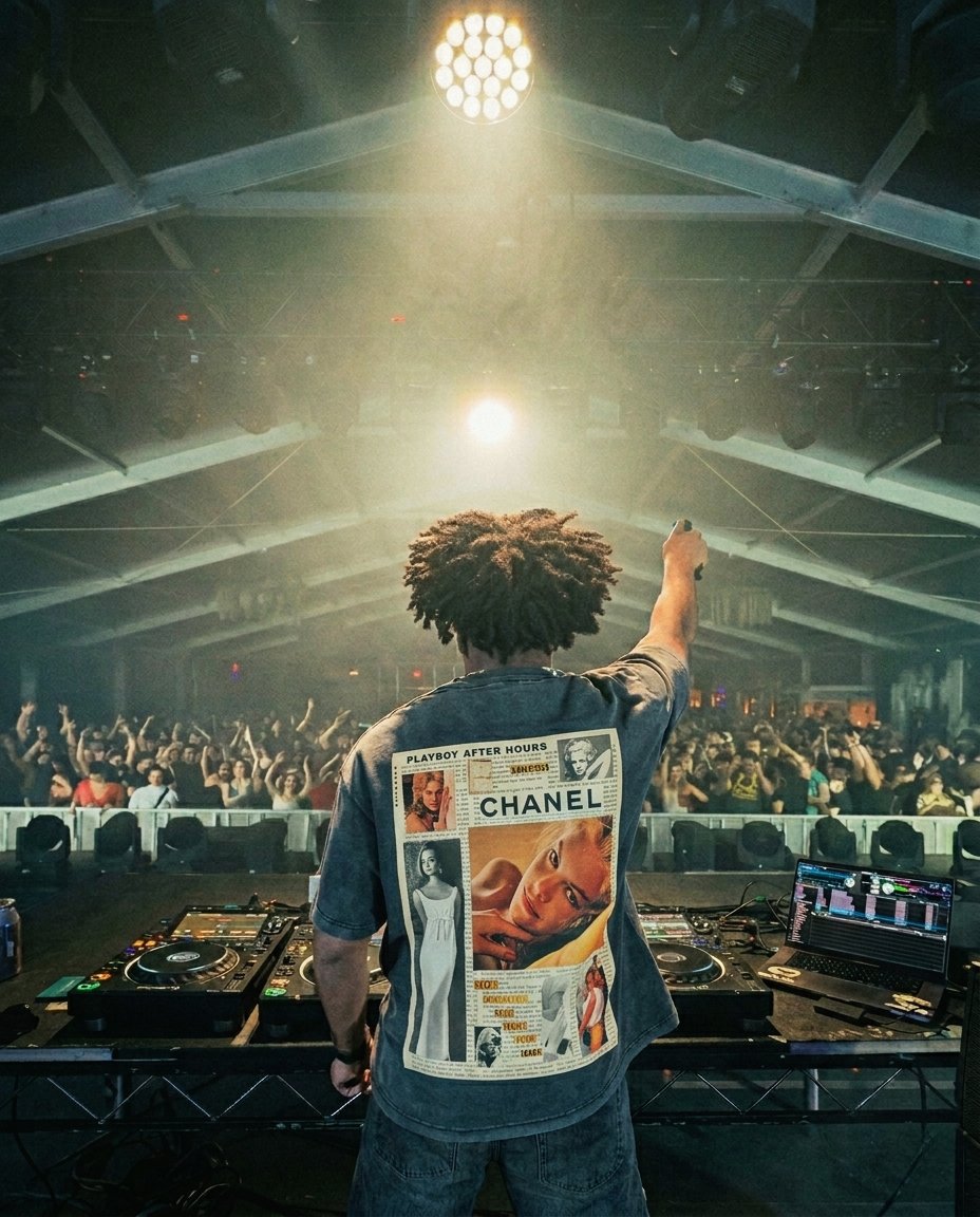 PAC back-print tee worn by DJ, stage lights, full crowd
